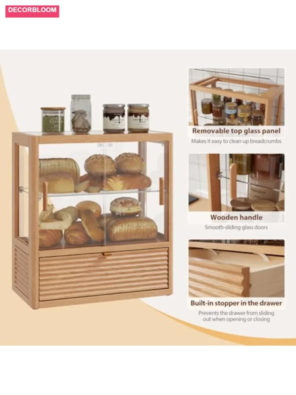 Solid Rubber Wood Double Layer Bread Box Large Capacity Kitchen Counter Storage